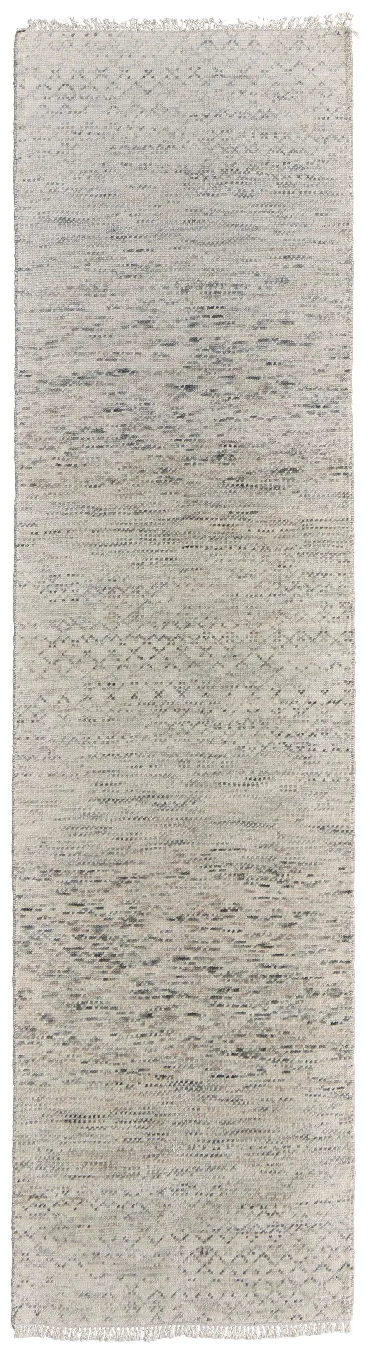10' Ivory and Gray Wool Hand Knotted Runner Rug With Fringe