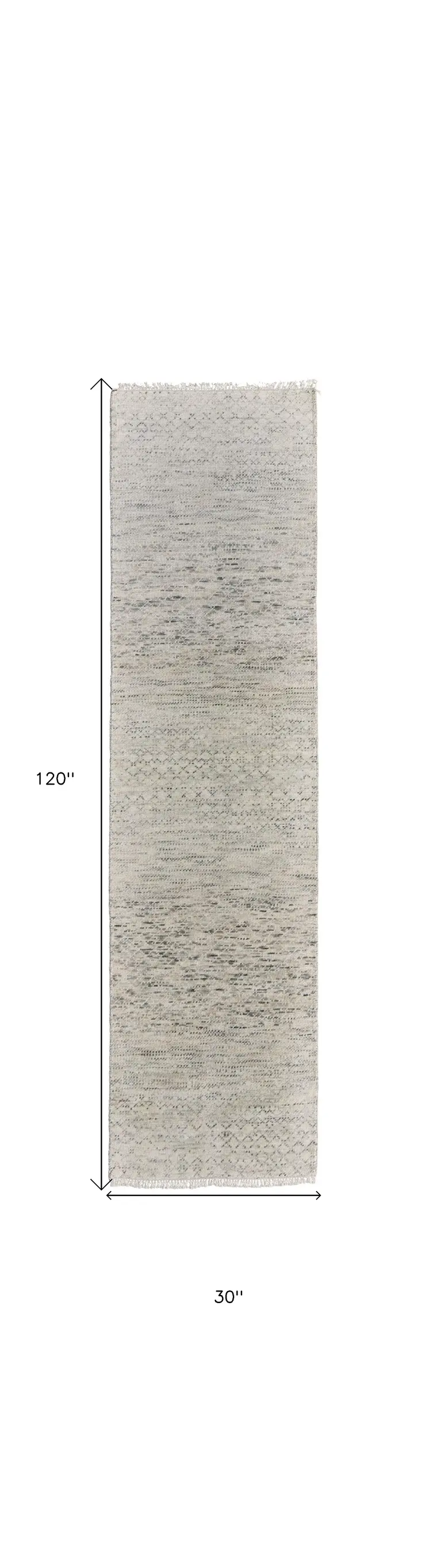 10' Ivory and Gray Wool Hand Knotted Runner Rug With Fringe