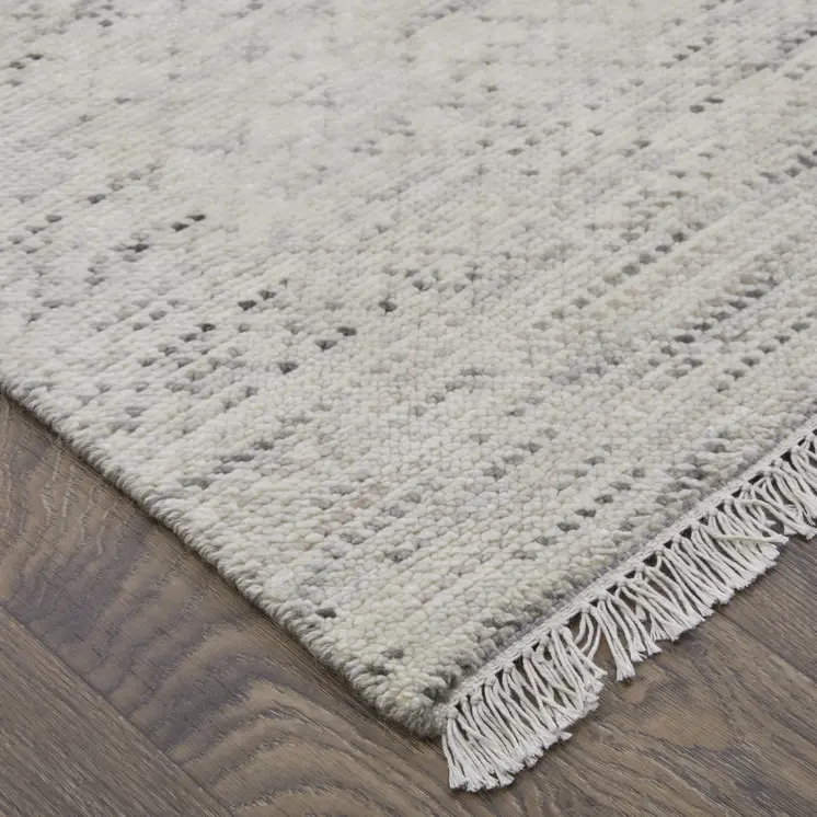 2' X 3' Ivory and Gray Wool Hand Knotted Area Rug With Fringe