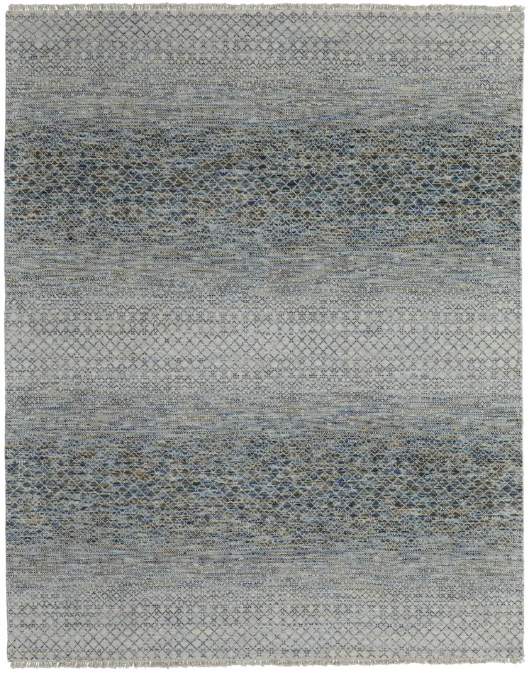 6' X 9' Ivory Blue and Brown Wool Hand Knotted Area Rug With Fringe