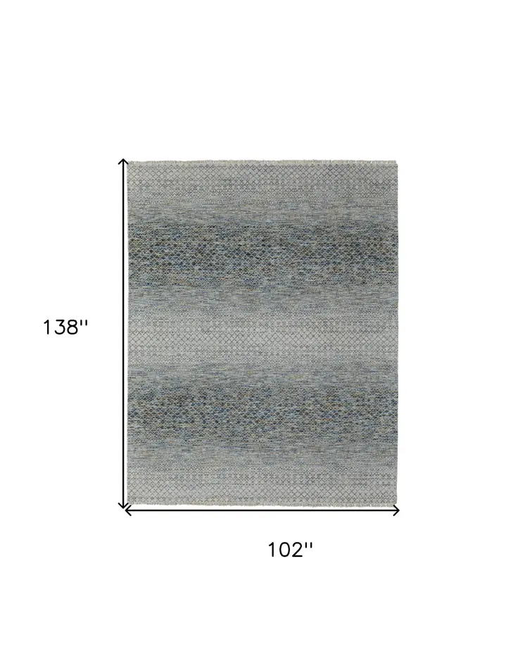 8' X 12' Ivory Blue and Brown Wool Hand Knotted Area Rug With Fringe