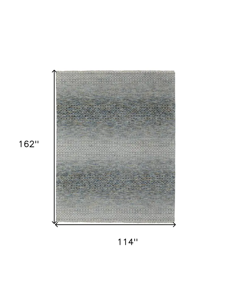 9' X 13' Ivory Blue and Brown Wool Hand Knotted Area Rug With Fringe