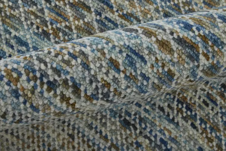 12' Ivory Blue and Brown Wool Hand Knotted Runner Rug With Fringe
