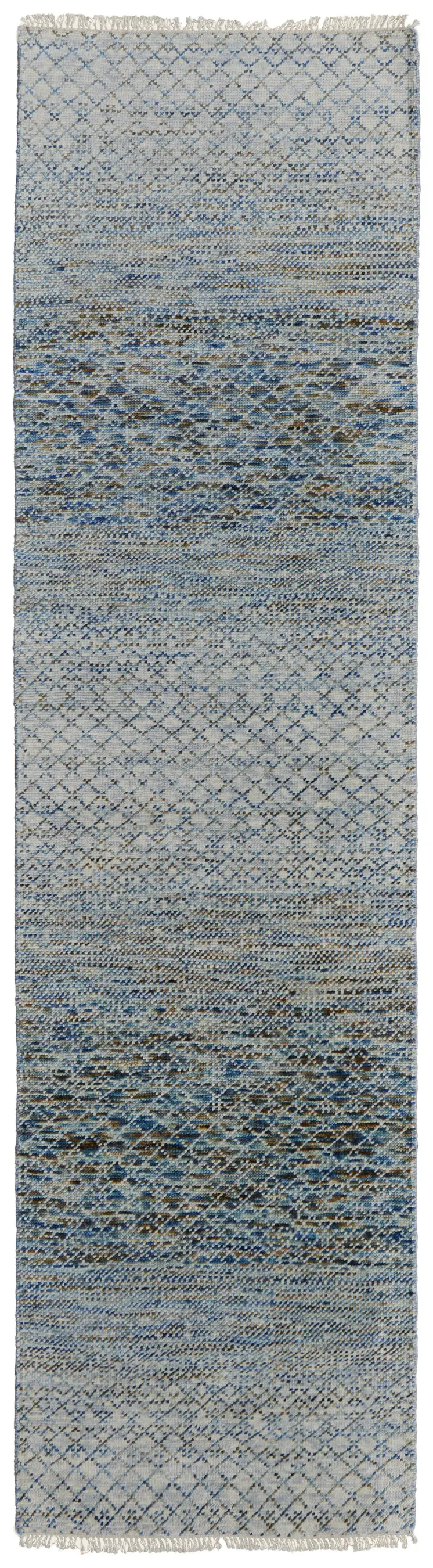 12' Ivory Blue and Brown Wool Hand Knotted Runner Rug With Fringe