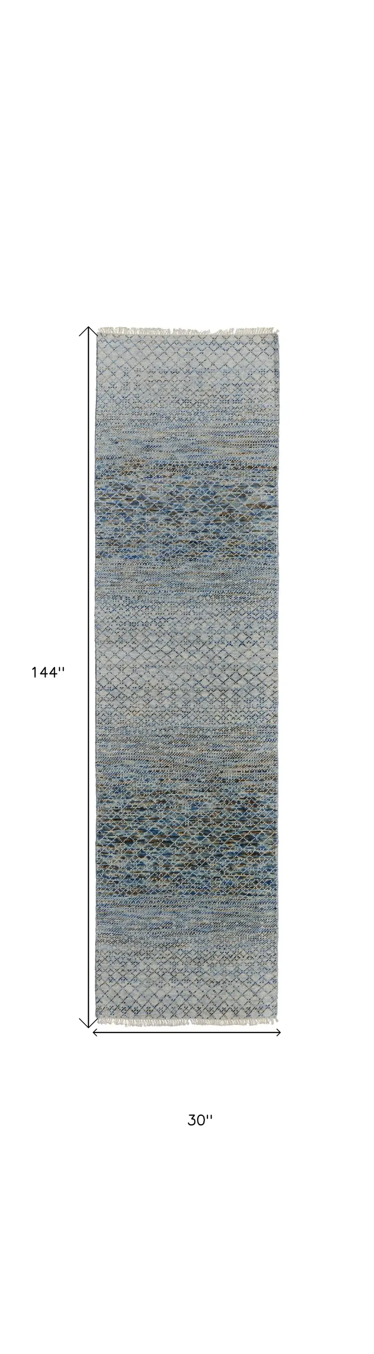 12' Ivory Blue and Brown Wool Hand Knotted Runner Rug With Fringe