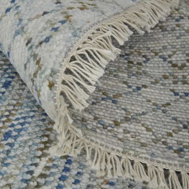 2' X 3' Ivory Blue and Brown Wool Hand Knotted Area Rug With Fringe