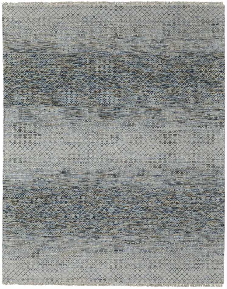 2' X 3' Ivory Blue and Brown Wool Hand Knotted Area Rug With Fringe