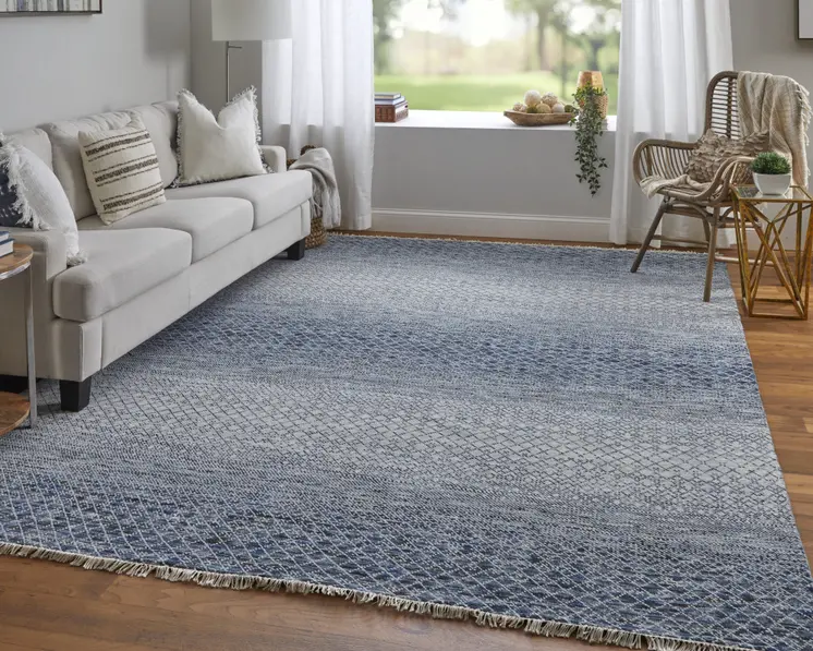 8' X 10' Ivory Gray and Blue Wool Hand Knotted Area Rug With Fringe