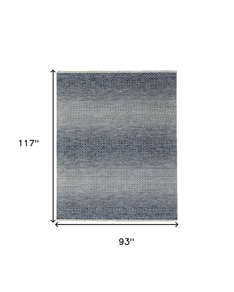 8' X 10' Ivory Gray and Blue Wool Hand Knotted Area Rug With Fringe