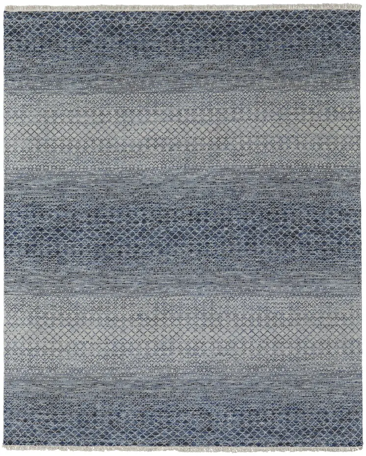 8' X 10' Ivory Gray and Blue Wool Hand Knotted Area Rug With Fringe