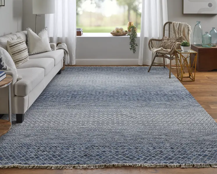 9' X 13' Ivory Gray and Blue Wool Hand Knotted Area Rug With Fringe