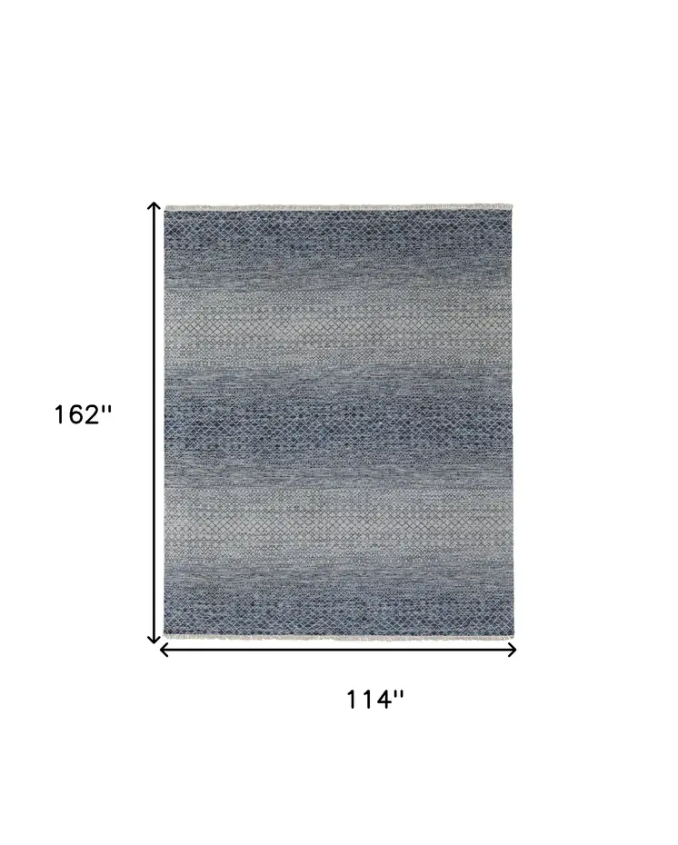 9' X 13' Ivory Gray and Blue Wool Hand Knotted Area Rug With Fringe