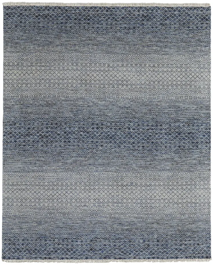 9' X 13' Ivory Gray and Blue Wool Hand Knotted Area Rug With Fringe