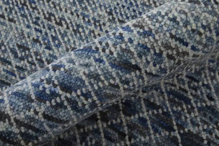 10' Ivory Gray and Blue Wool Hand Knotted Runner Rug With Fringe