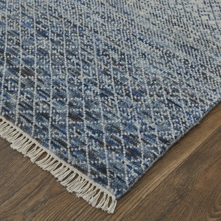 10' Ivory Gray and Blue Wool Hand Knotted Runner Rug With Fringe
