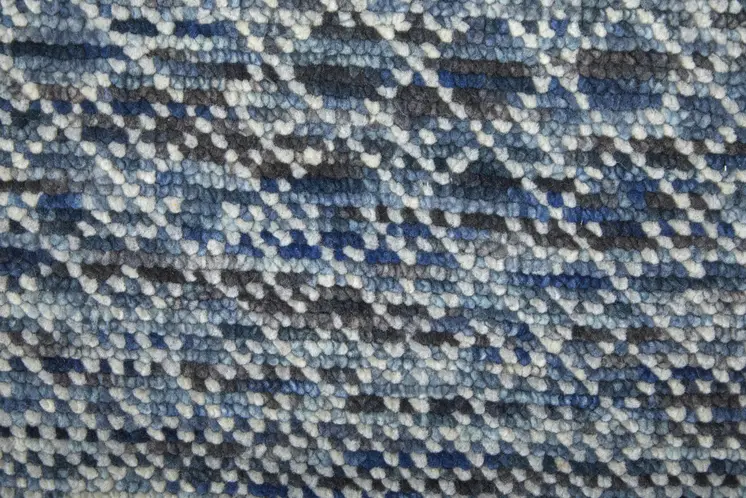 10' Ivory Gray and Blue Wool Hand Knotted Runner Rug With Fringe