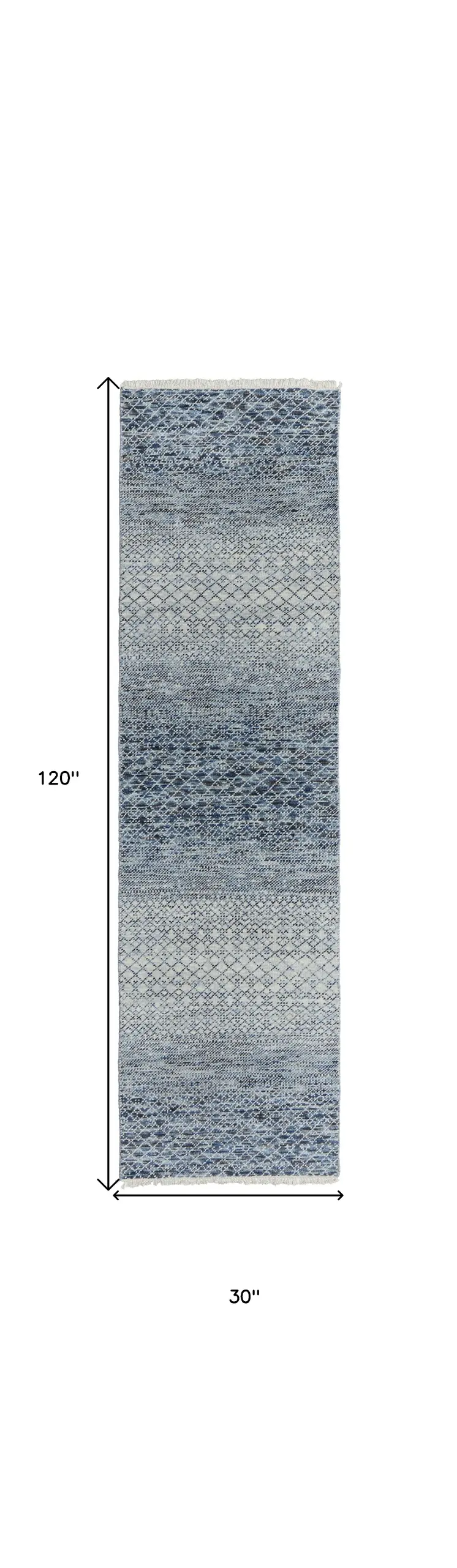 10' Ivory Gray and Blue Wool Hand Knotted Runner Rug With Fringe