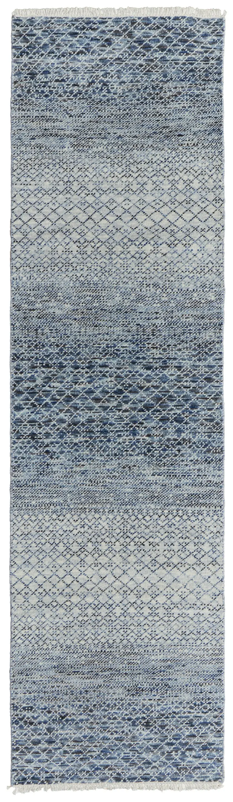 10' Ivory Gray and Blue Wool Hand Knotted Runner Rug With Fringe