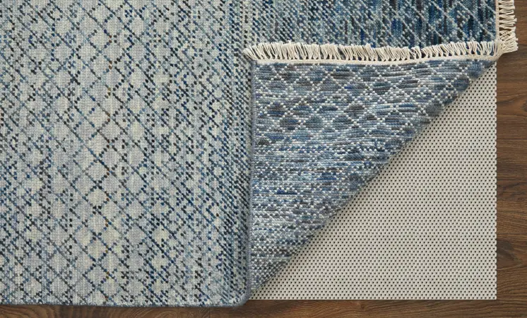 2' X 3' Ivory Gray and Blue Wool Hand Knotted Area Rug With Fringe