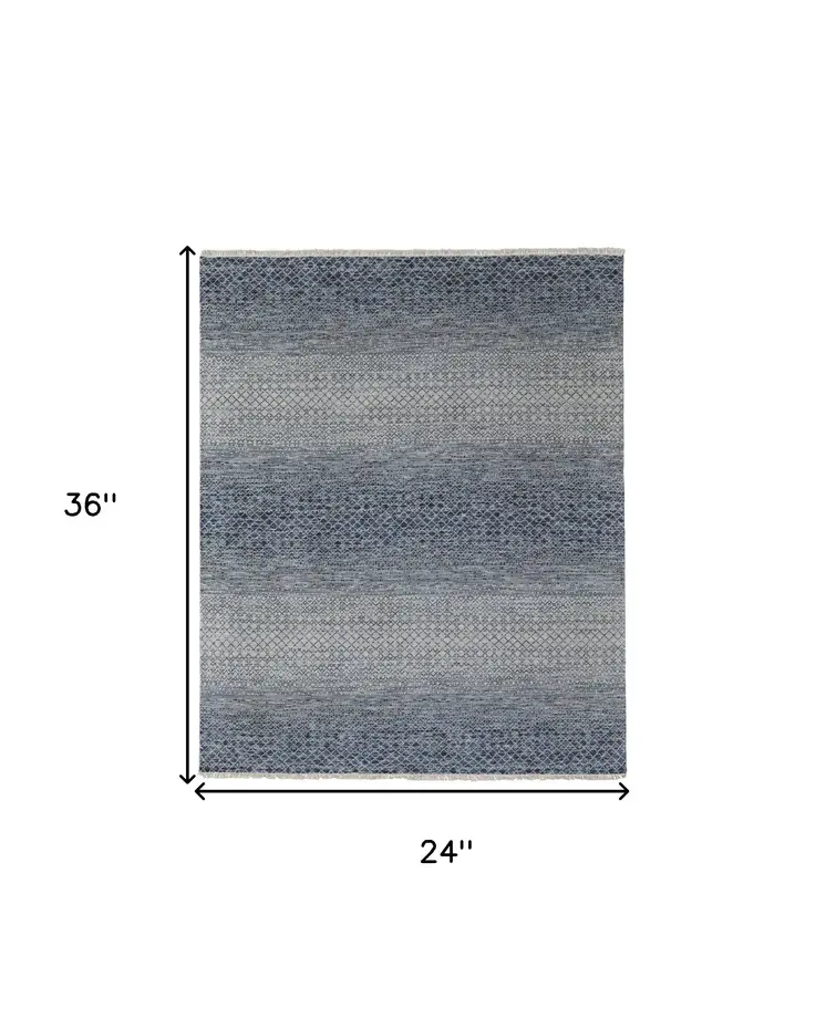 2' X 3' Ivory Gray and Blue Wool Hand Knotted Area Rug With Fringe