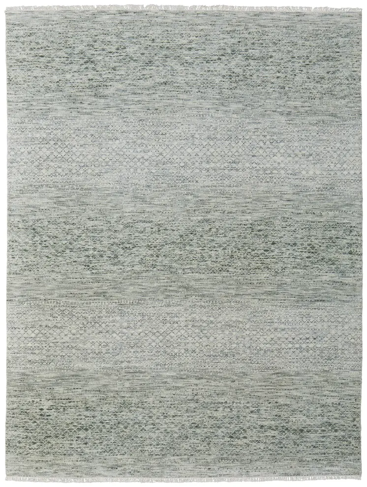 6' X 9' Ivory and Green Wool Hand Knotted Area Rug With Fringe
