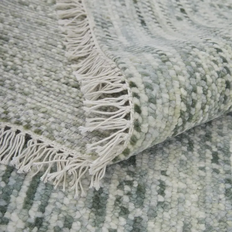 9' X 13' Ivory and Green Wool Hand Knotted Area Rug With Fringe