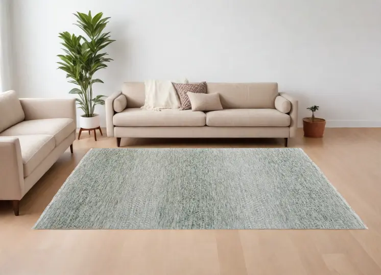 9' X 13' Ivory and Green Wool Hand Knotted Area Rug With Fringe