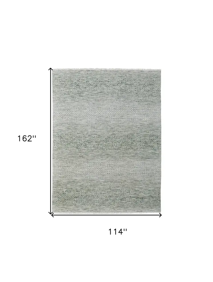 9' X 13' Ivory and Green Wool Hand Knotted Area Rug With Fringe