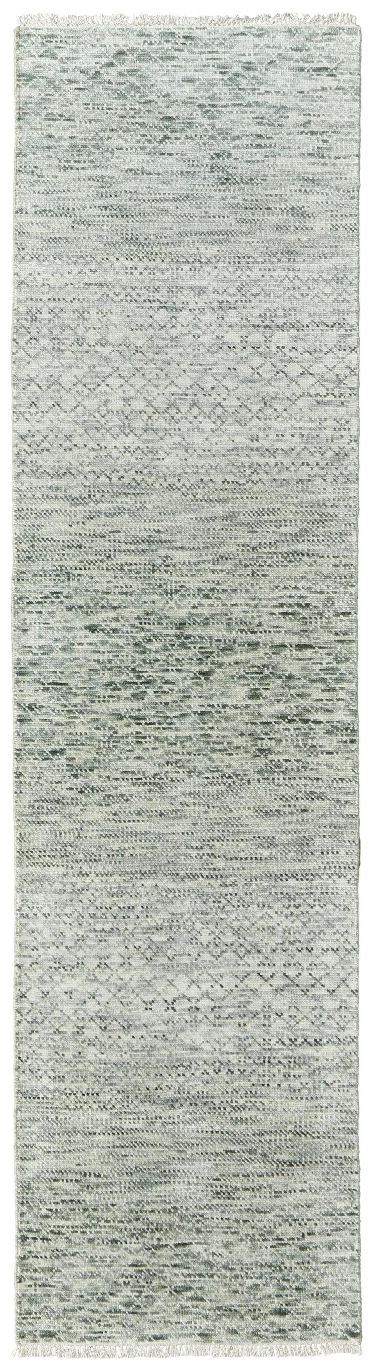 10' Ivory and Green Wool Hand Knotted Runner Rug With Fringe