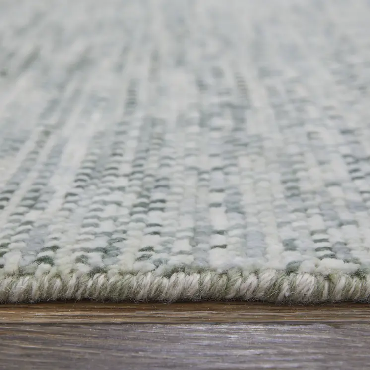 10' Ivory and Green Wool Hand Knotted Runner Rug With Fringe