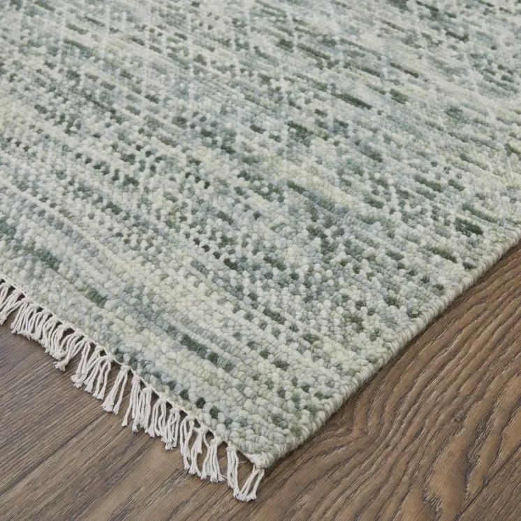 10' Ivory and Green Wool Hand Knotted Runner Rug With Fringe
