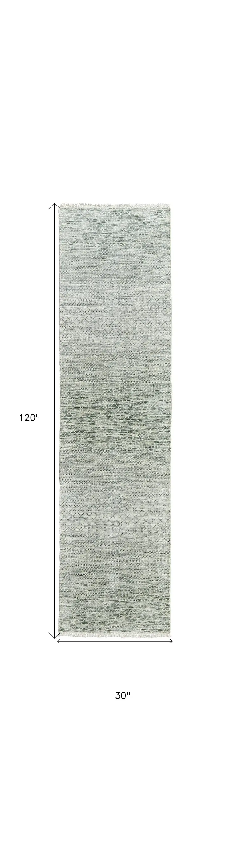 10' Ivory and Green Wool Hand Knotted Runner Rug With Fringe