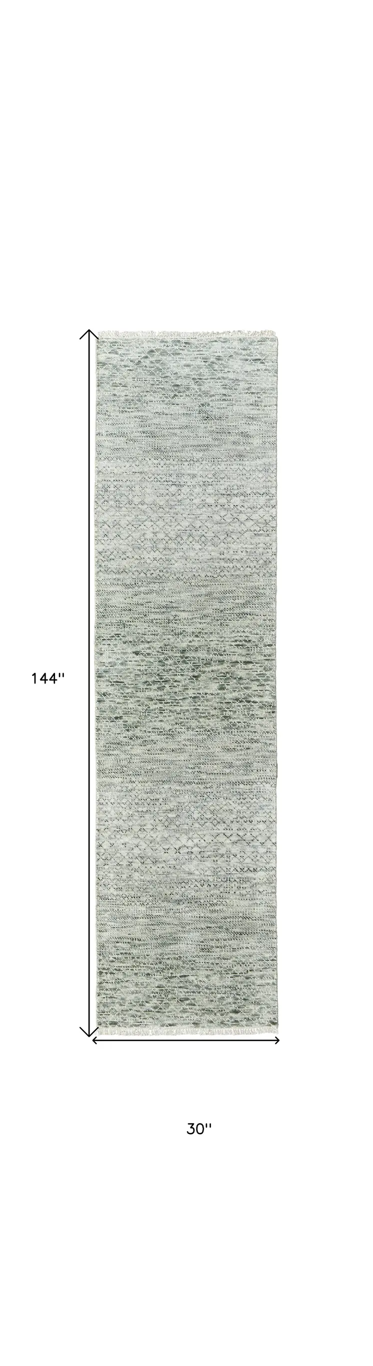 12' Ivory and Green Wool Hand Knotted Runner Rug With Fringe