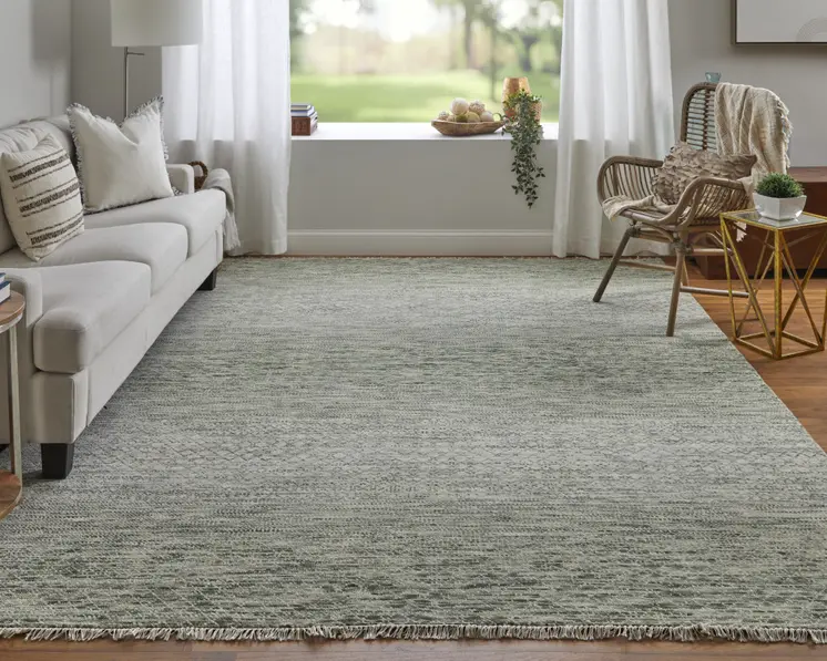 2' X 3' Ivory and Green Wool Hand Knotted Area Rug With Fringe