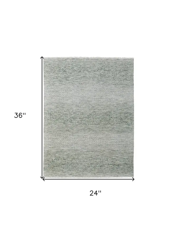 2' X 3' Ivory and Green Wool Hand Knotted Area Rug With Fringe