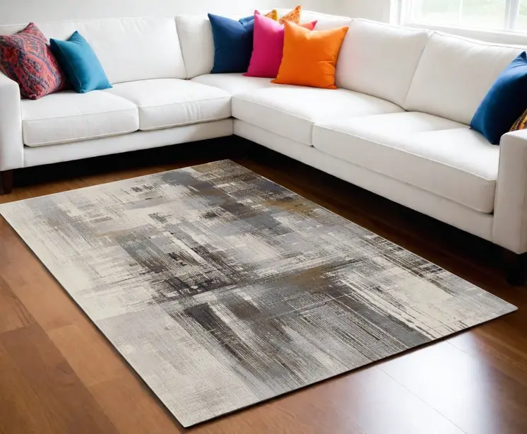 5' X 8' Ivory Gray and Brown Abstract Power Loom Area Rug