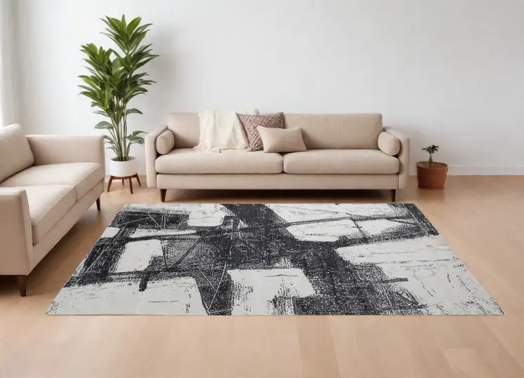 9' X 12' Black and Gray Abstract Hand Woven Area Rug