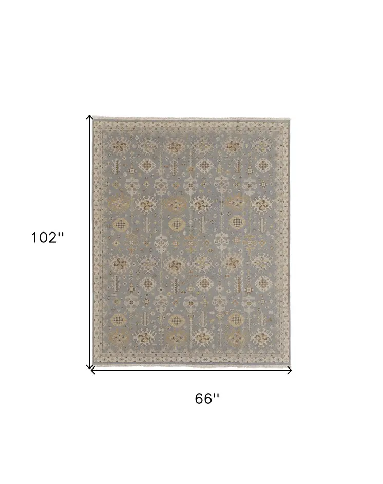 6' X 9' Gray and Ivory Wool Oriental Hand Knotted Area Rug With Fringe