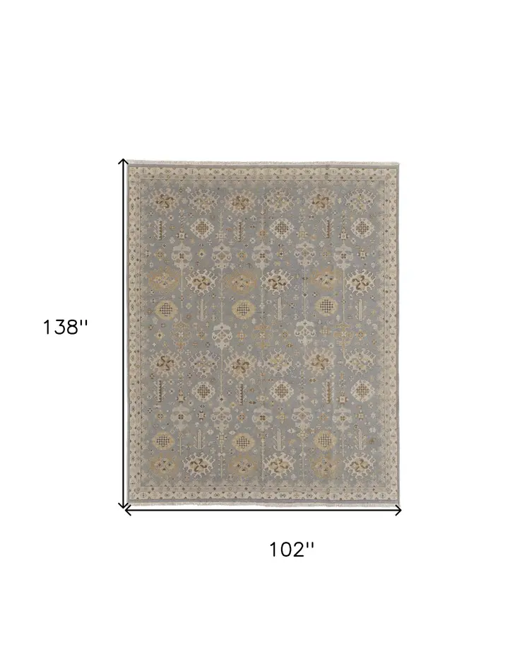 8' X 12' Gray and Ivory Wool Oriental Hand Knotted Area Rug With Fringe