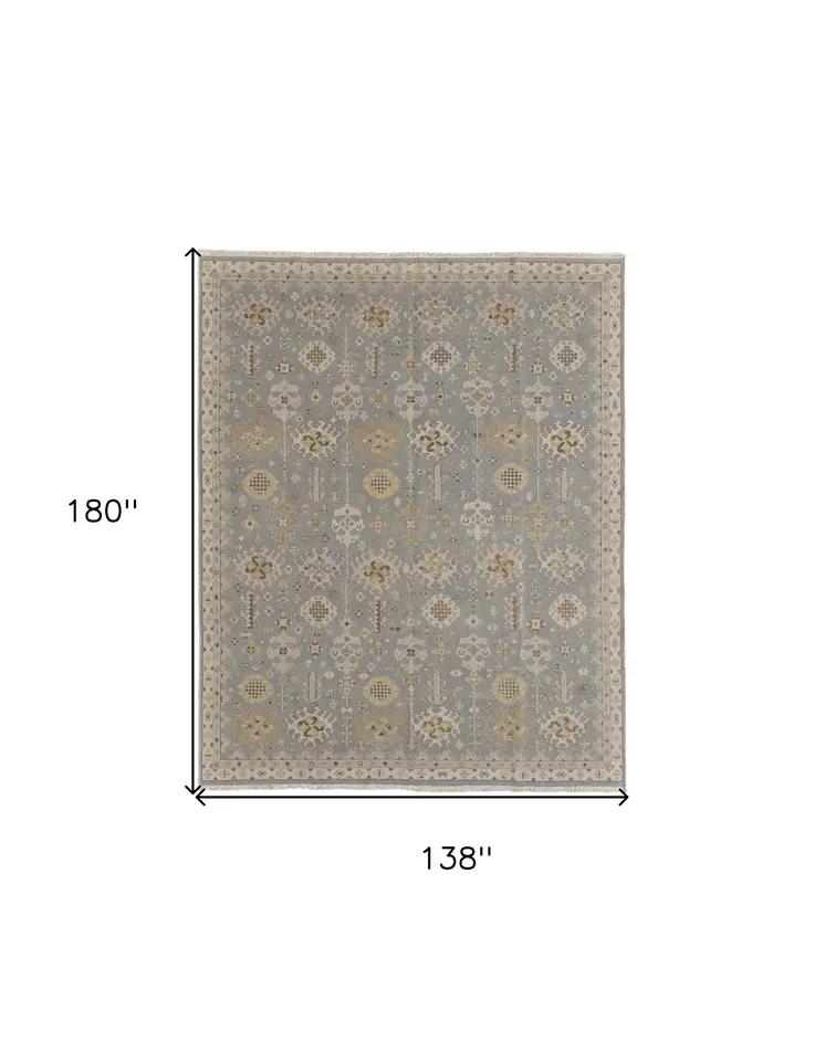 12' X 15' Gray and Ivory Wool Oriental Hand Knotted Area Rug With Fringe