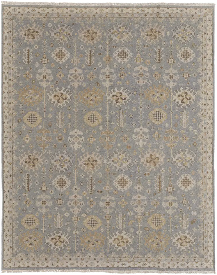 12' X 15' Gray and Ivory Wool Oriental Hand Knotted Area Rug With Fringe