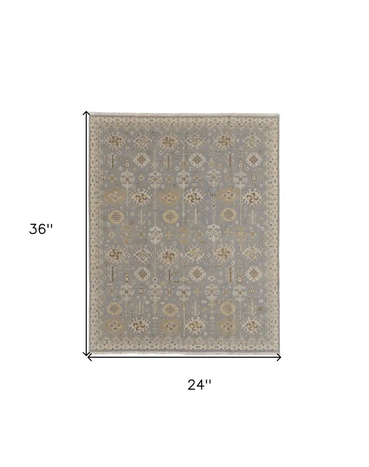 2' X 3' Gray and Ivory Wool Oriental Hand Knotted Area Rug With Fringe