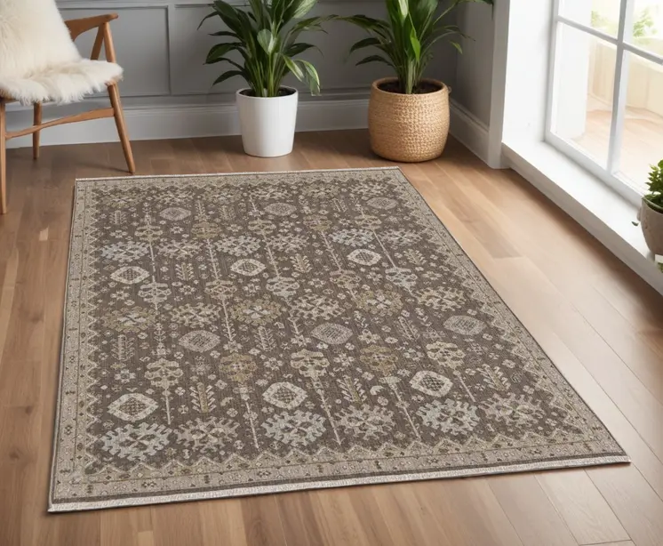 4' X 6' Tan and Brown Wool Oriental Hand Knotted Area Rug With Fringe
