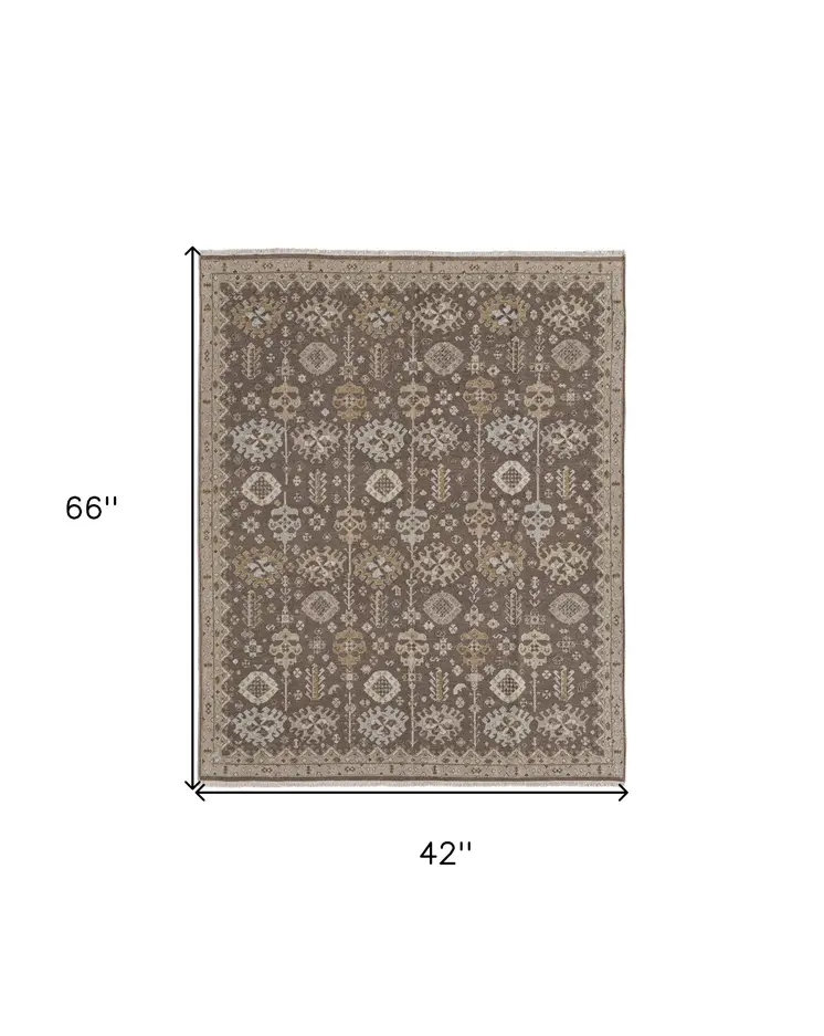 4' X 6' Tan and Brown Wool Oriental Hand Knotted Area Rug With Fringe
