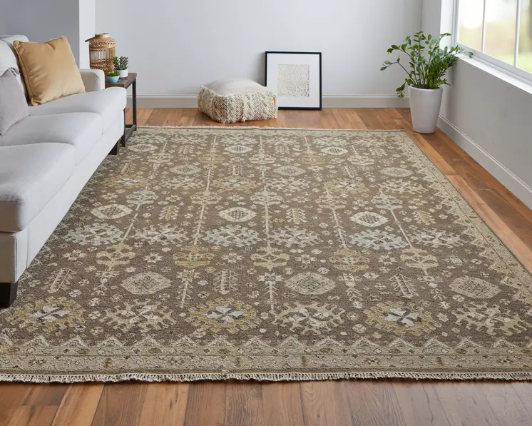 4' X 6' Tan and Brown Wool Oriental Hand Knotted Area Rug With Fringe