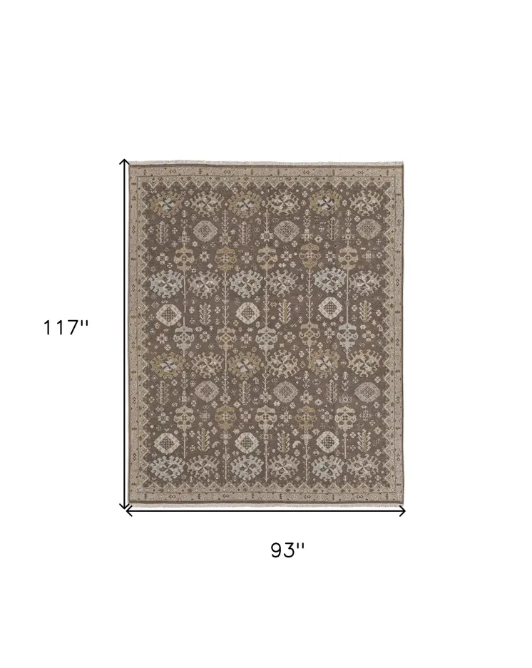 8' X 10' Tan and Brown Wool Oriental Hand Knotted Area Rug With Fringe