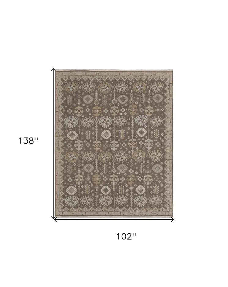 8' X 12' Tan and Brown Wool Oriental Hand Knotted Area Rug With Fringe