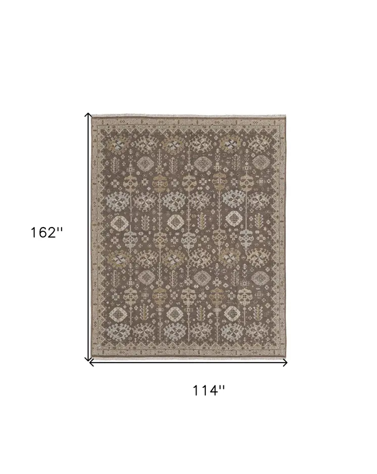 9' X 13' Tan and Brown Wool Oriental Hand Knotted Area Rug With Fringe