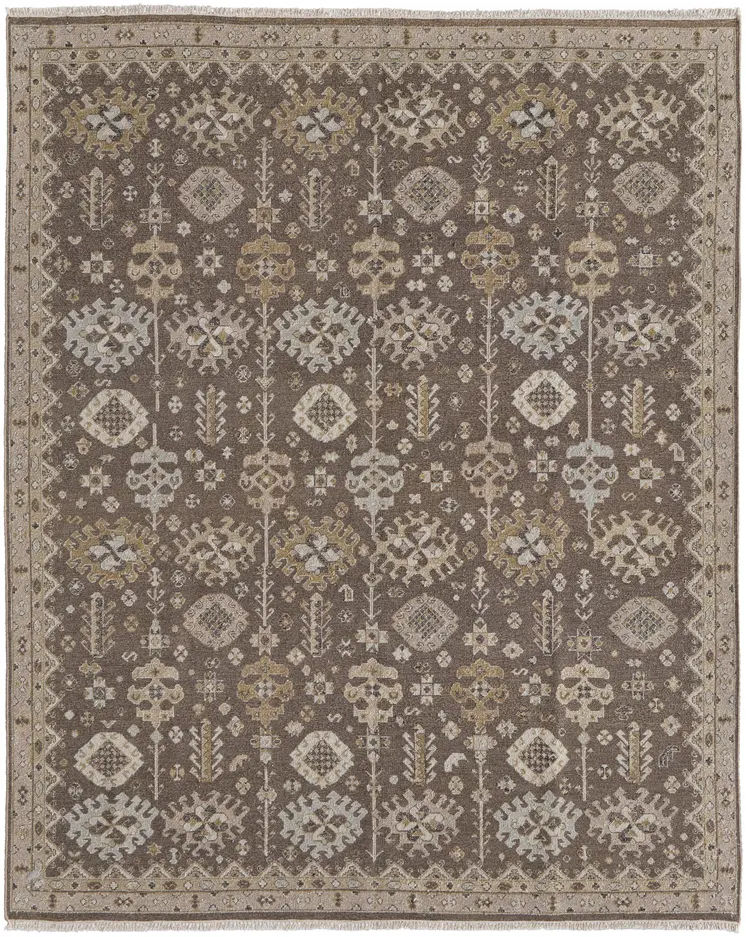 9' X 13' Tan and Brown Wool Oriental Hand Knotted Area Rug With Fringe