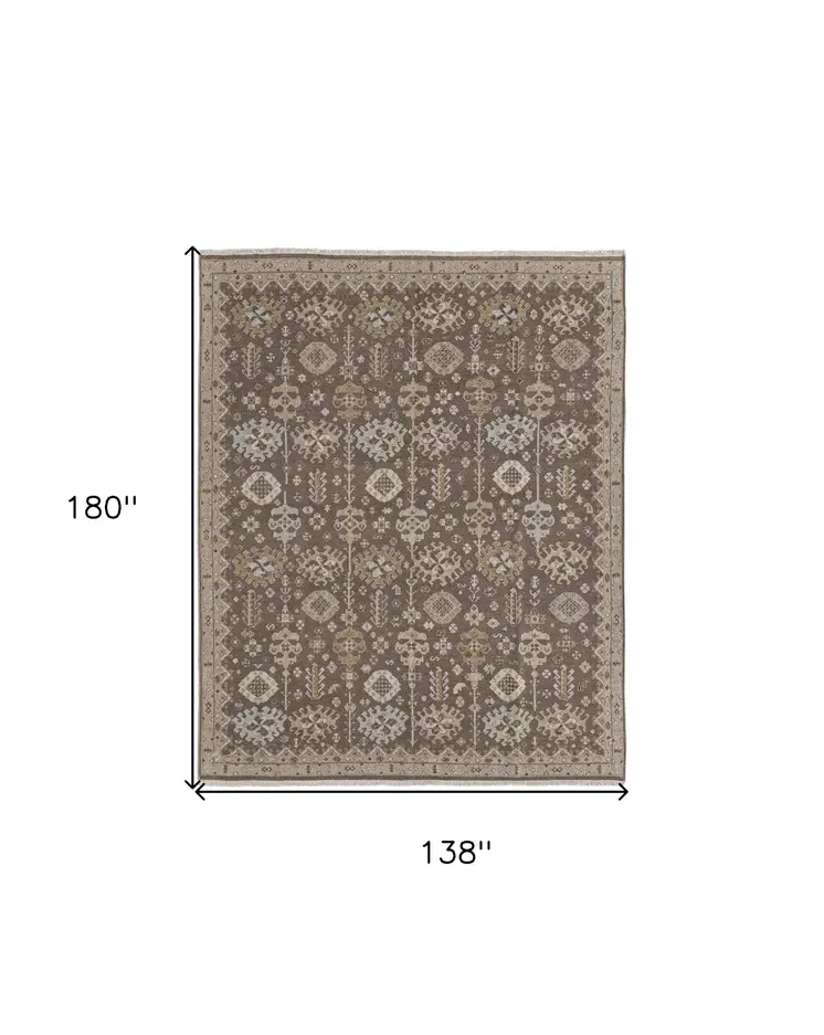 12' X 15' Tan and Brown Wool Oriental Hand Knotted Area Rug With Fringe